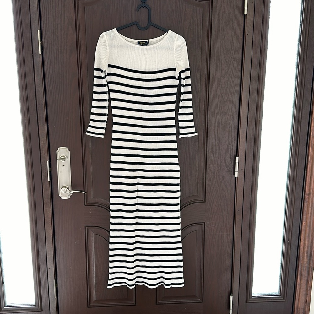 ‼️SALE‼️Polo Ralph Lauren Striped Knit Midi Dress Black White 3/4 Sleeve XS